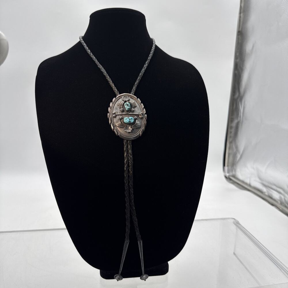 Vintage Silver & Turquoise Navajo Bennett Pat. Pend. Bolo Tie